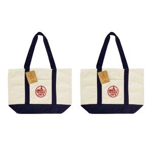 Trader Joe's Two Large Totes • Cotton Canvas Embroidered Bags (BUNDLE OF 2)